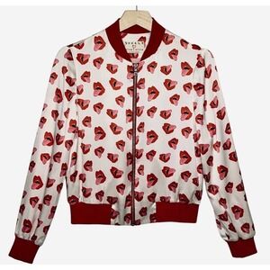 Alice + Olivia x Donald Robertson Lonnie Lips Silk Bomber Jacket Womens XS $495